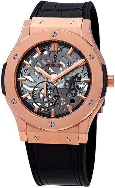 Hublot Classic Fusion 18kt Rose Gold Hand Wind Skeleton Dial Black Leather Men