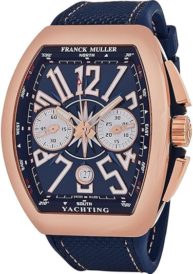 Franck Muller Vanguard Yachting Mens Rose Gold Automatic Chronograph Watch - Tonneau Analog Blue Face with Luminous Hands and Sapphire Crystal - Blue Rubber Band Swiss Made Automatic Watch