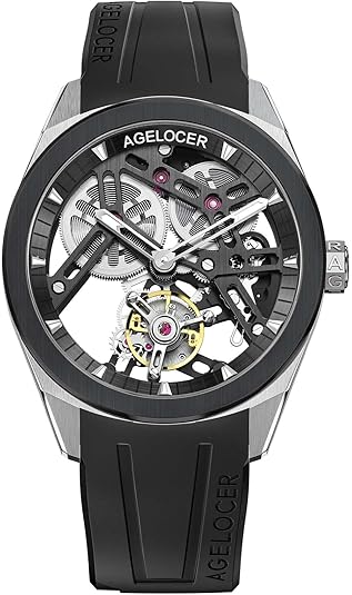 AGELOCER Manual Mechanical Watch for Men, Skeleton Tourbillon/Ceramics Case Sapphire Crystal/ 5ATM Waterproof/Rubber Starp Watches Gifts for Men