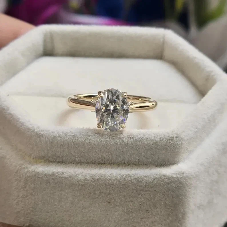 Hidden Halo Engagement Ring 2Ct Oval Lab Grown Diamond 14K Yellow Gold