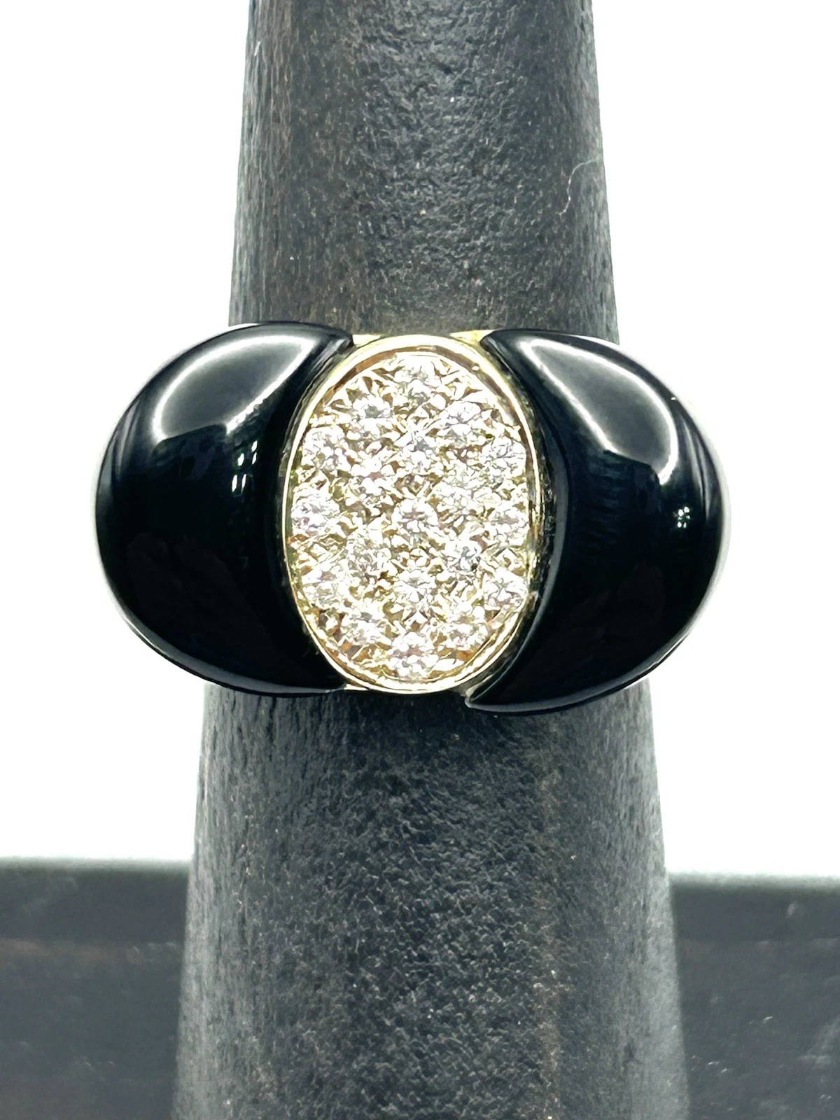 14K Yellow Gold Diamond & Black Onyx Cocktail Ring Size 5.5