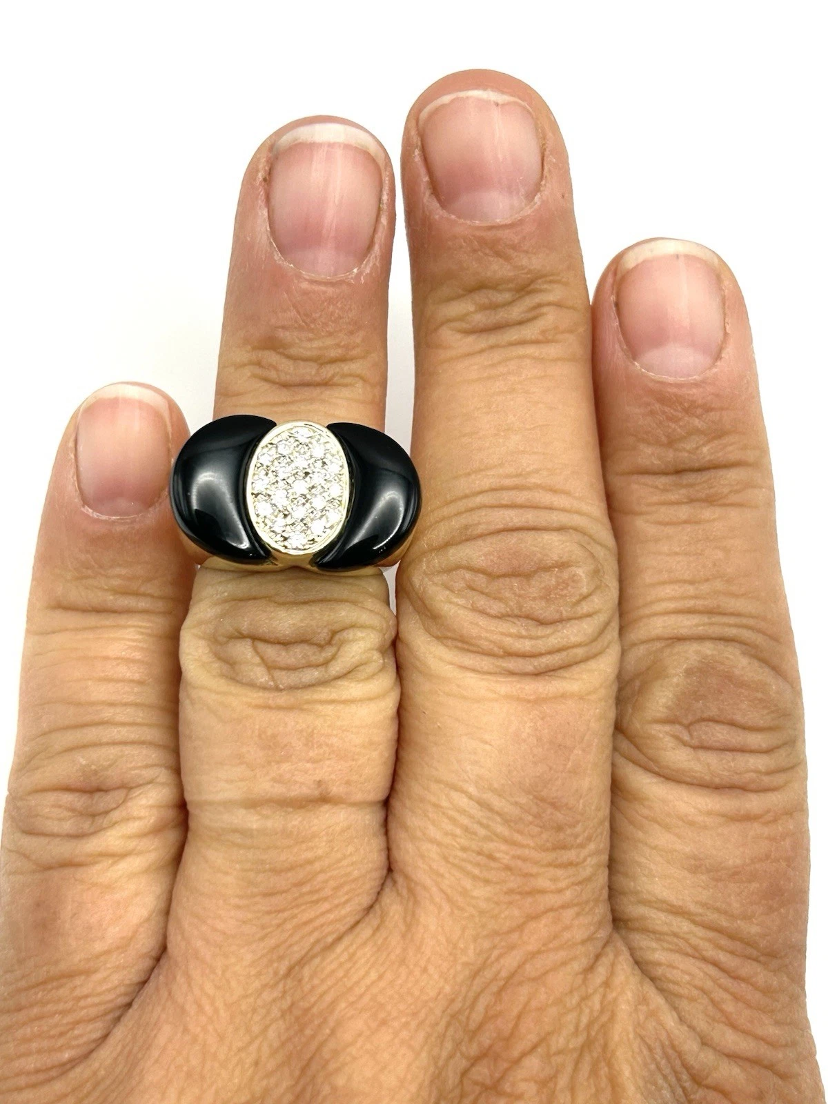 14K Yellow Gold Diamond & Black Onyx Cocktail Ring Size 5.5
