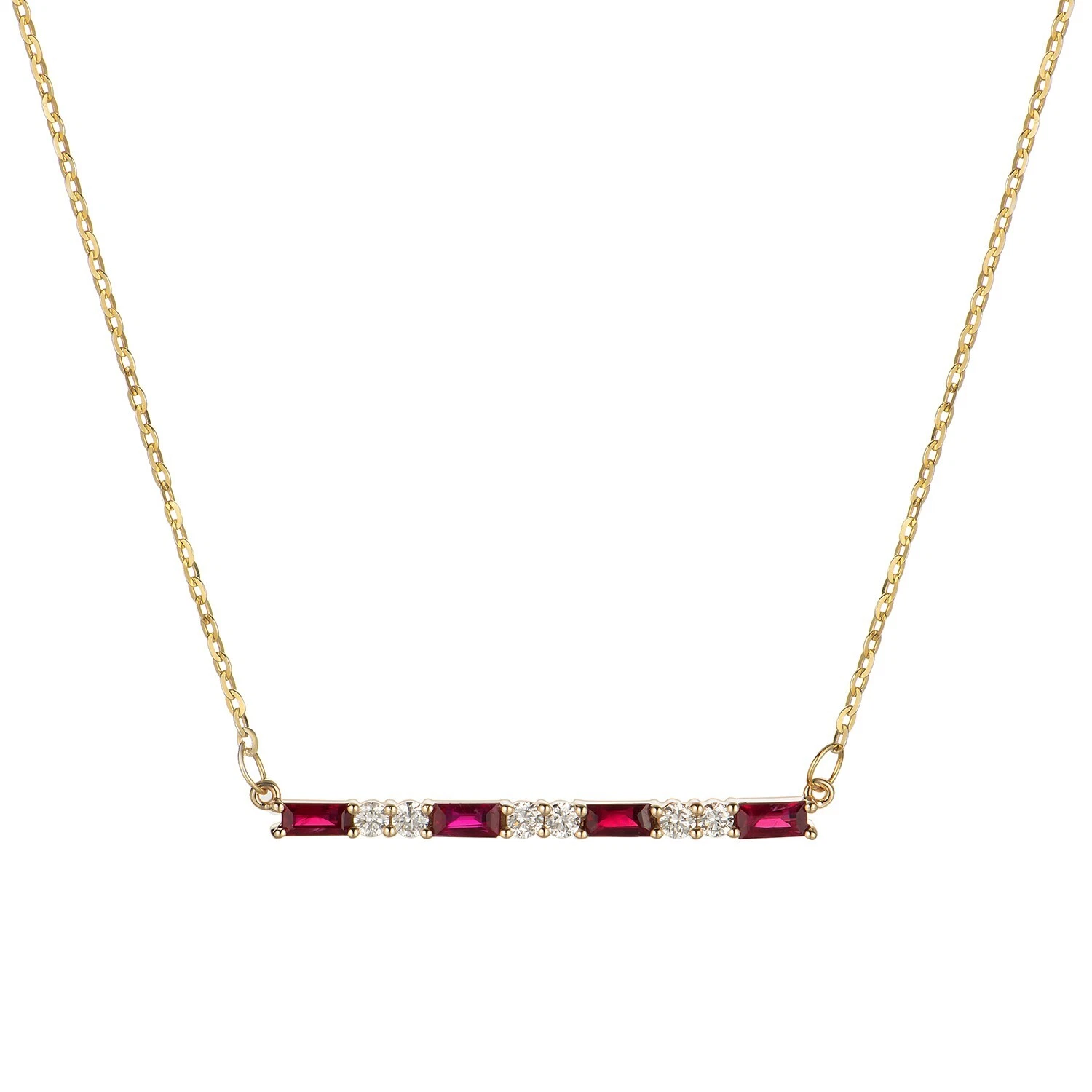 14K Yellow Gold Bar Set Natural Ruby & Diamond Pendant Necklace MZ71094