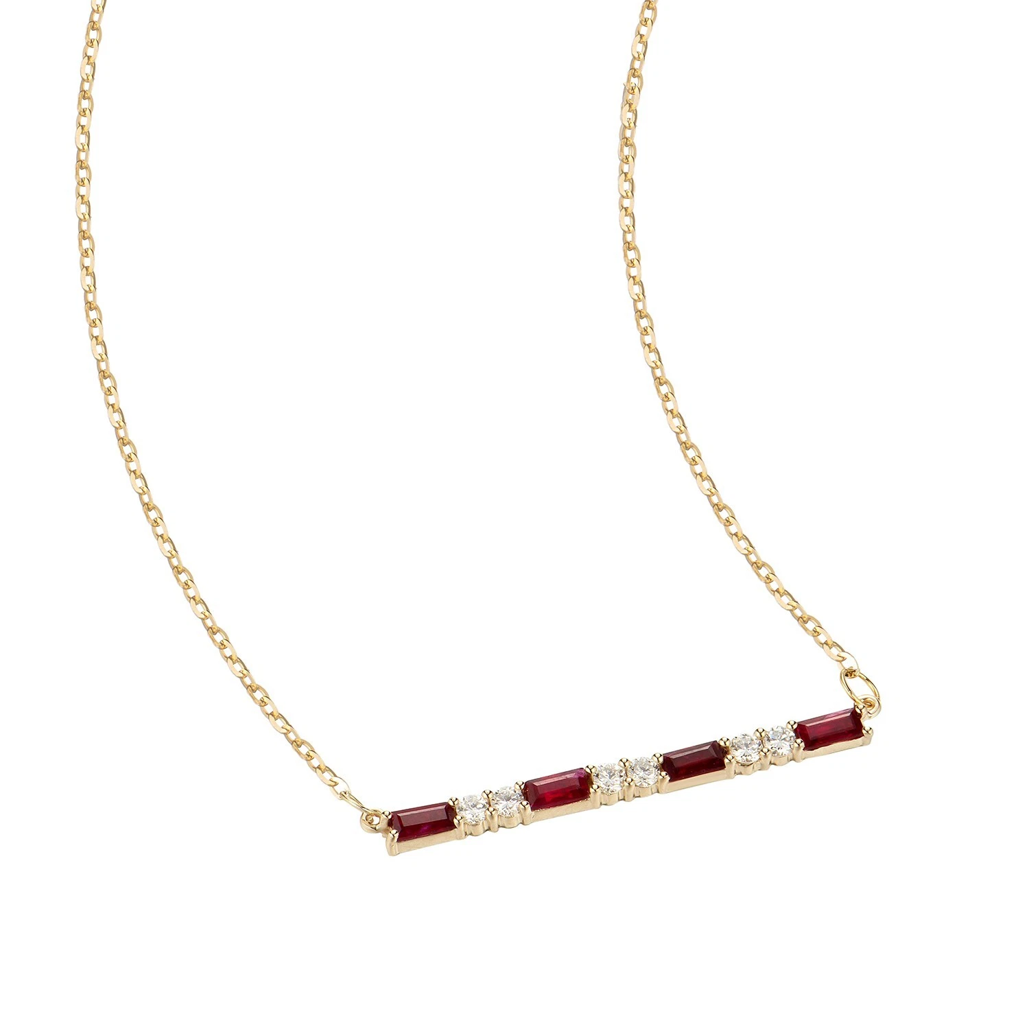 14K Yellow Gold Bar Set Natural Ruby & Diamond Pendant Necklace MZ71094